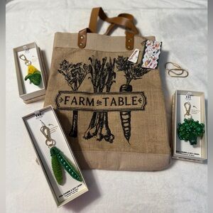 Farm to Table Jute Tote Piper K Bag with 3 Bag Charms - Corn, Peas and Broccoli
